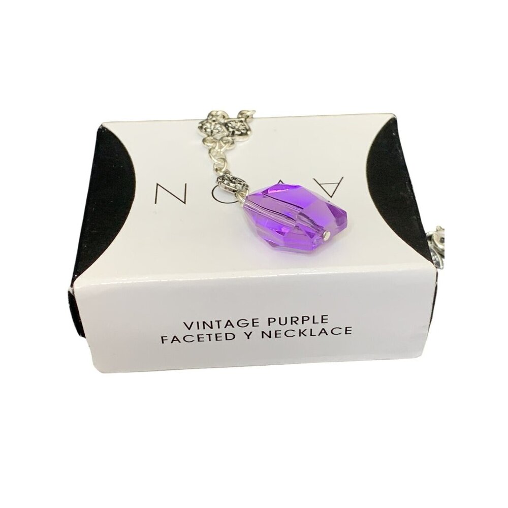 New Avon Silver Tone Purple Faceted Y Necklace (1666) - Picture 7 of 7